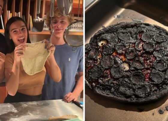 Duda Guerra com Benício Huck e pizza queimada