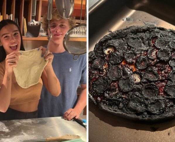 Duda Guerra com Benício Huck e pizza queimada