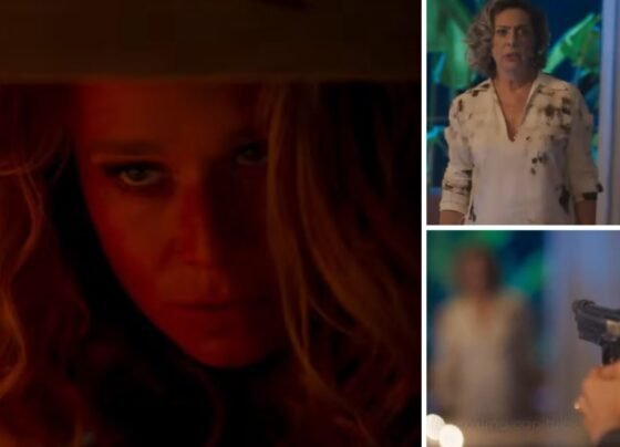 Mania de Você - Isis (Mariana Ximenes) aponta arma para Berta (Eliane Giardini)