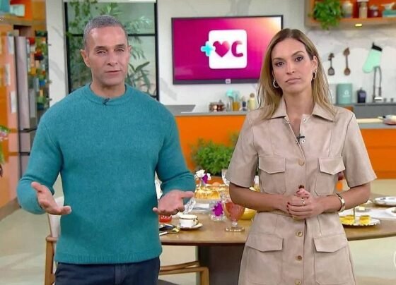 Fabrício Battaglini e Talitha Morete no Mais Você. Foto: TV Globo