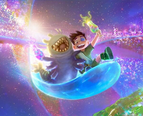 Garoto animado voa com monstro em cenário colorido cósmico