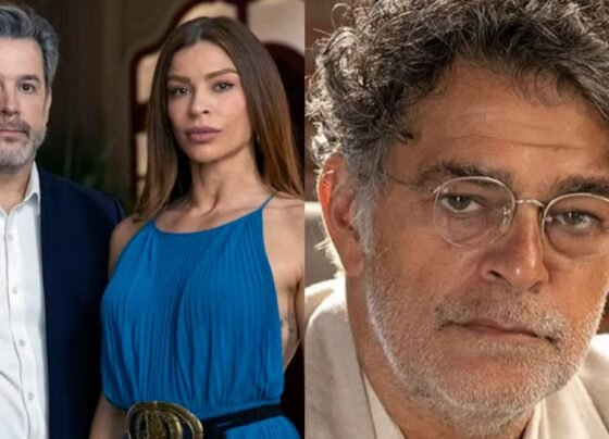 Ferette (Murilo Benício), Arminda (Grazi Massafera) e Rogério (Eduardo Moscovis) de Três Graças