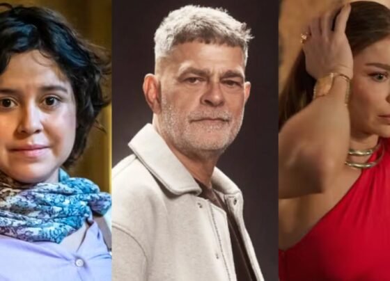 Claudia (Lorrana Moussinho), Rogério (Eduardo Moscovis) e Arminda (Grazi Massafera) de Três Graças