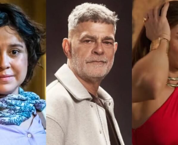 Claudia (Lorrana Moussinho), Rogério (Eduardo Moscovis) e Arminda (Grazi Massafera) de Três Graças