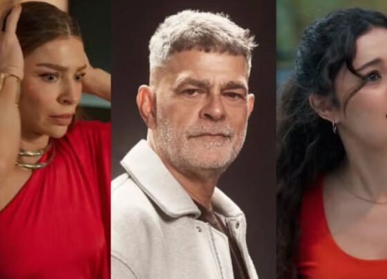 Arminda (Grazi Massafera), Rogério (Eduardo Moscovis) e Gerluce (Sophie Charlotte) de Três Graças